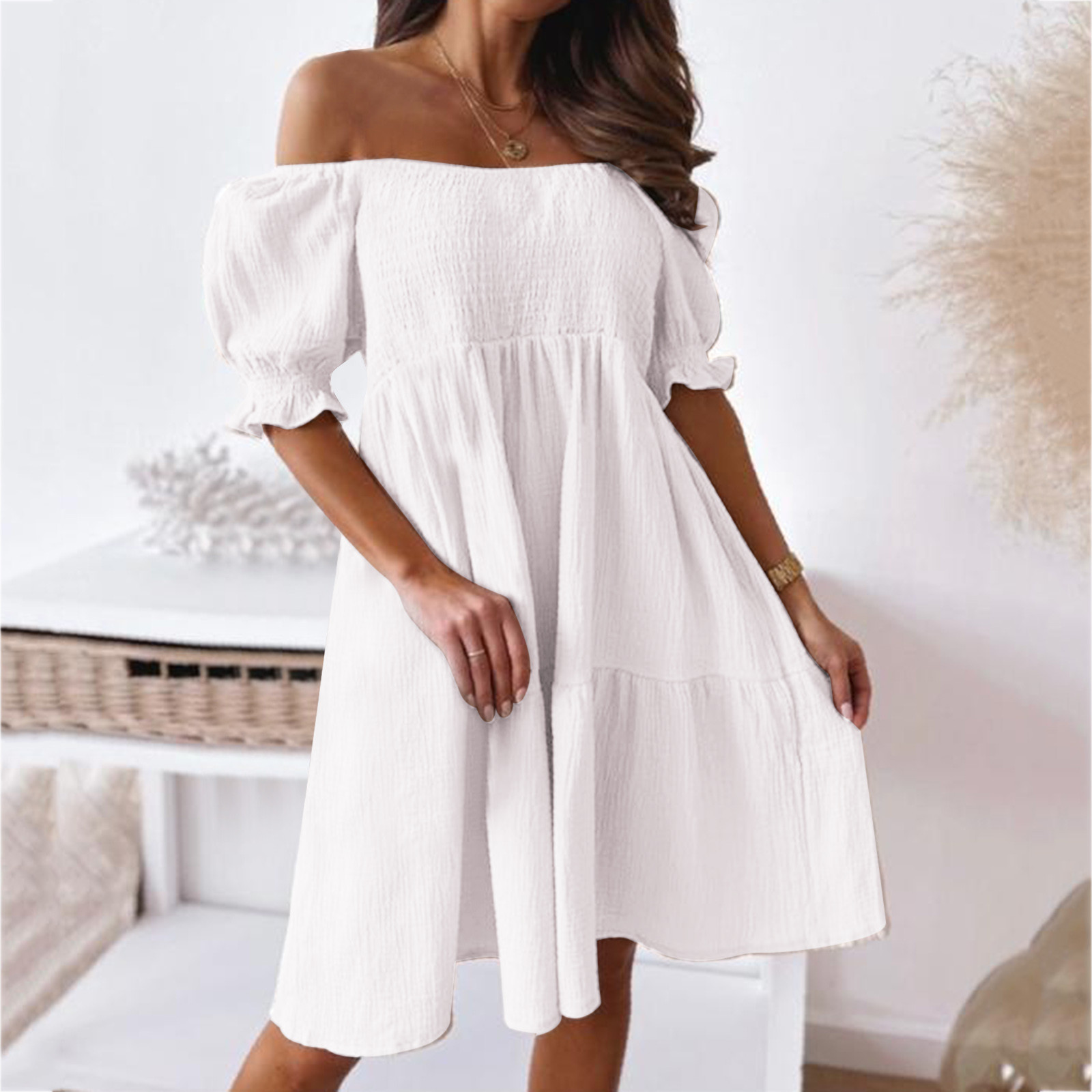 thumbnail image 3 of Vestido bohemio con hombros descubiertos para mujer - Manga abullonada, volantes fluidos, poliéster, ropa de playa/vacaciones/verano, 3 of 8